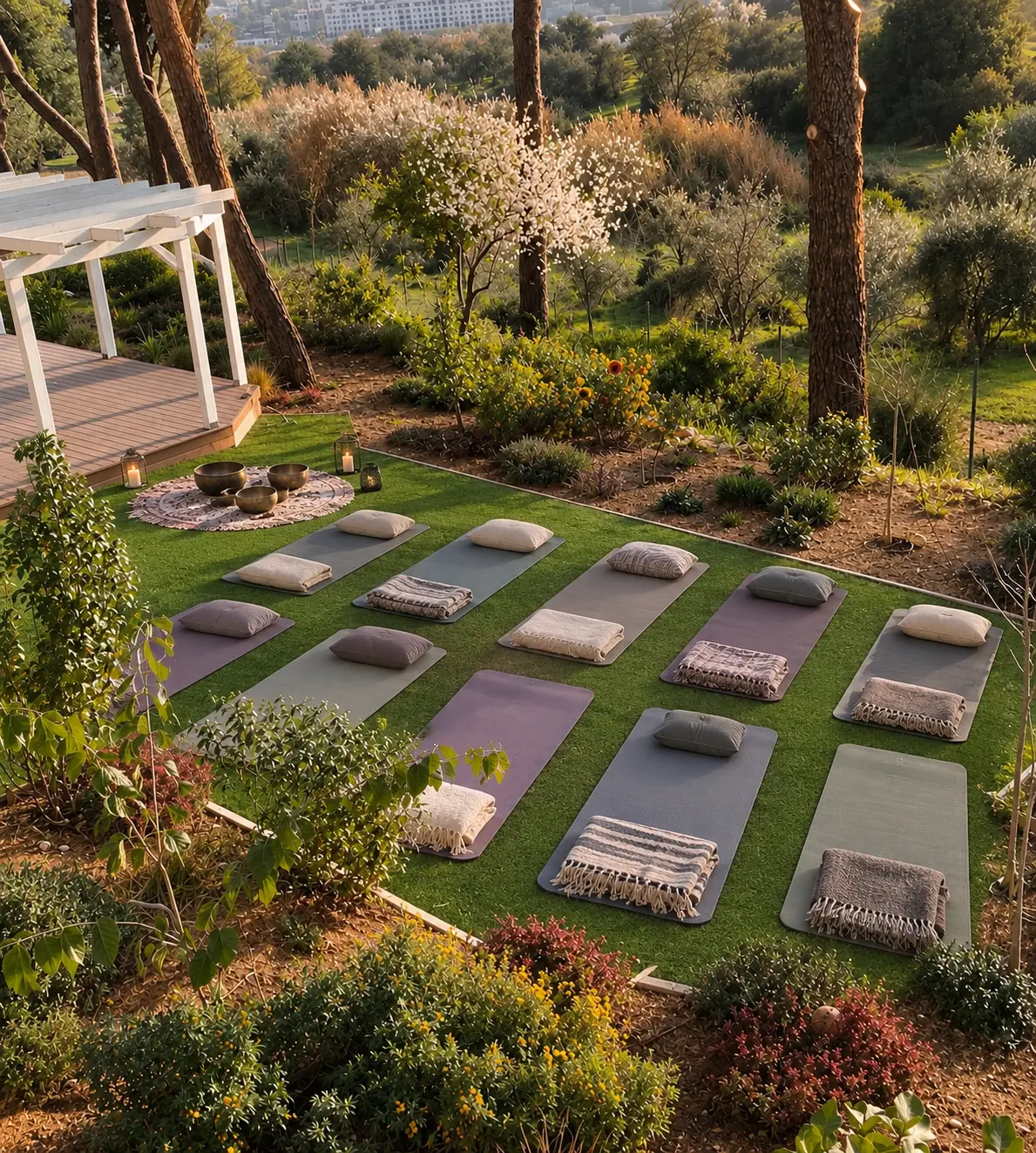 Mats, cushions and Tibetan singing bowls laid out in Zahara’s garden at golden hour