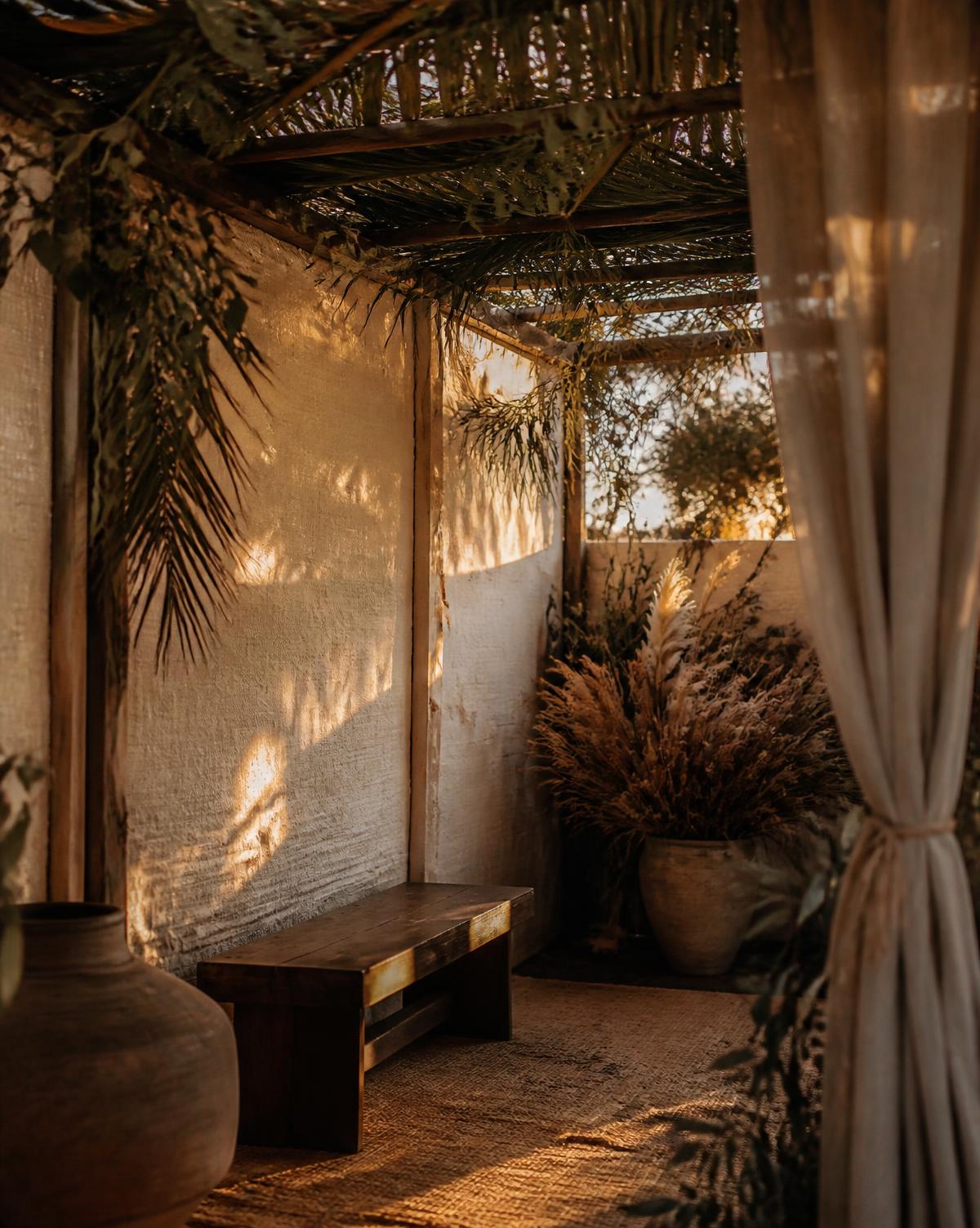 Warm evening light falling through a branch-covered sukkah with woven textures and dried grasses